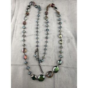 Glass Beaded Necklace Glass AB Rainbow Silver Tone Flapper Opera 48"